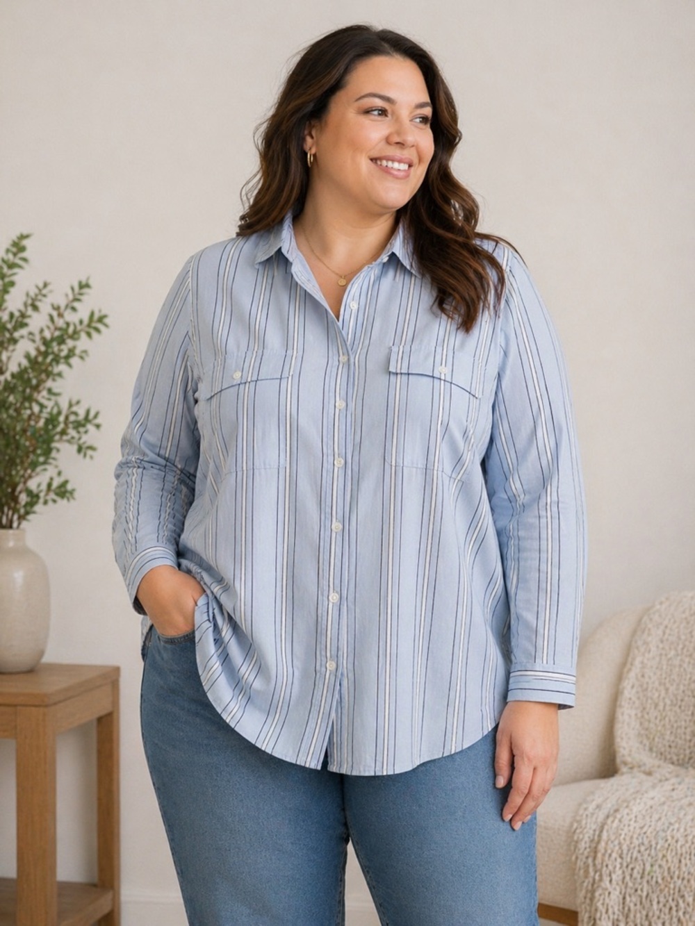 NWT Ava & Viv Women’s 2X Blue Striped Button Down Shirt Stretch Cotton Blend